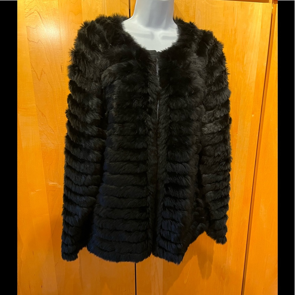 Chico’s brand size 2 jacket. Black. Rabbit fur. Like new condition- no tags